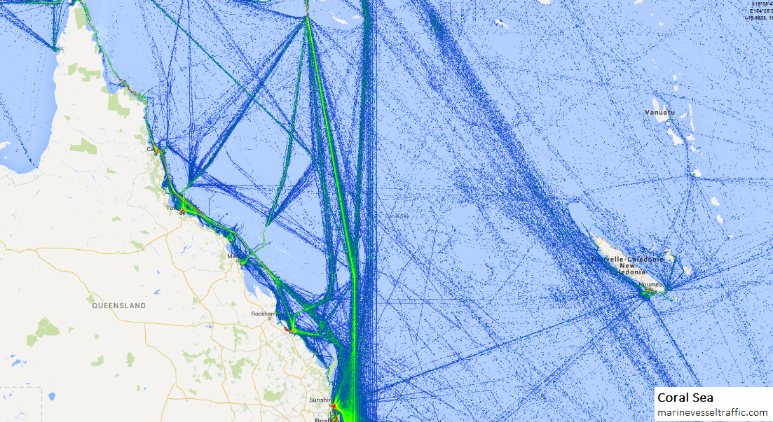 Live Marine Traffic, Density Map and Current Position of ships in CORAL SEA